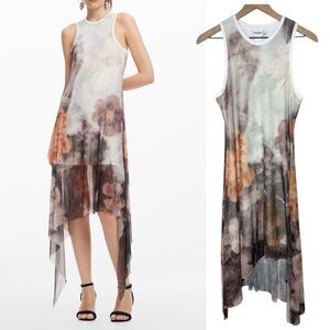 Desigual Floral Sleeveless Handkerchief Hem Dress Sheer Lined size Large